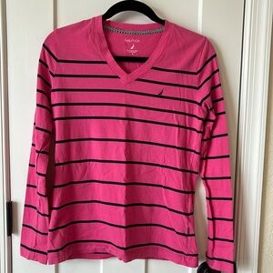 Nautica Pink with Navy Blue stripes pullover.